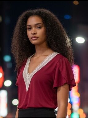 Womens Burgundy V-Neck Lace Trim Top
